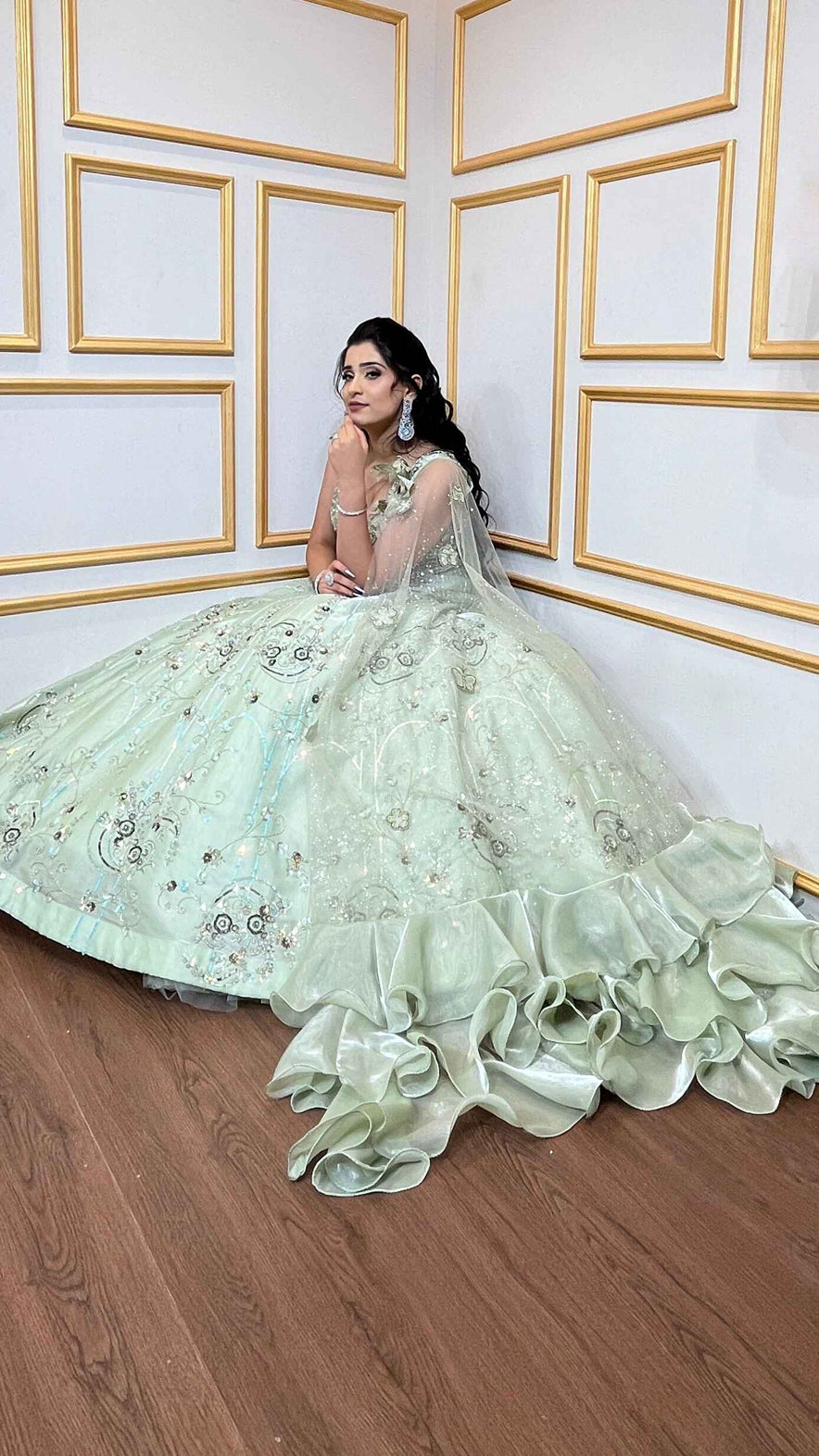 Mint green engagement lehenga with sequins & pearl work on organza