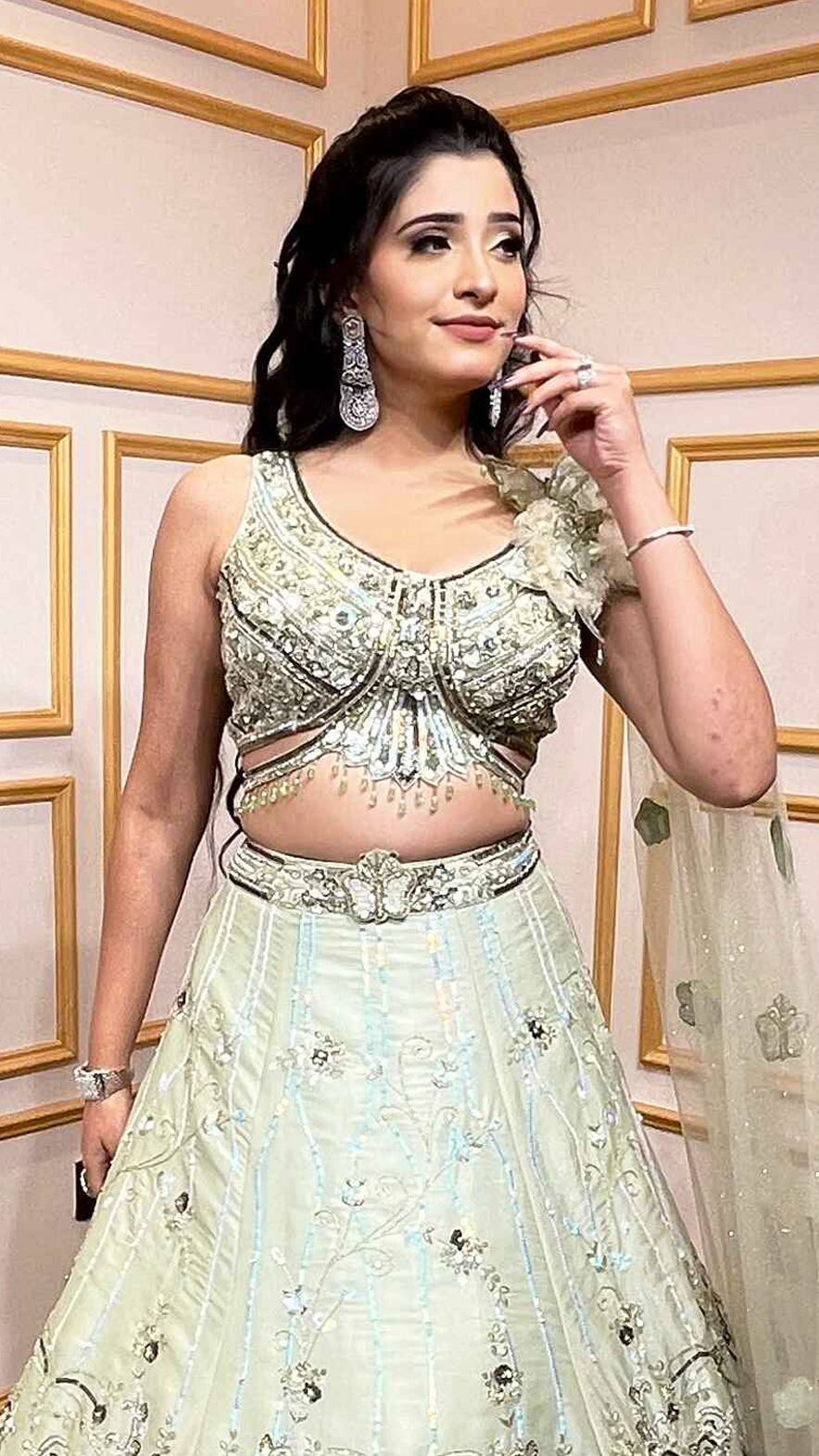 Mint green engagement lehenga with sequins & pearl work on organza