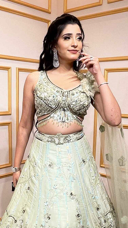 Mint green engagement lehenga with sequins & pearl work on organza