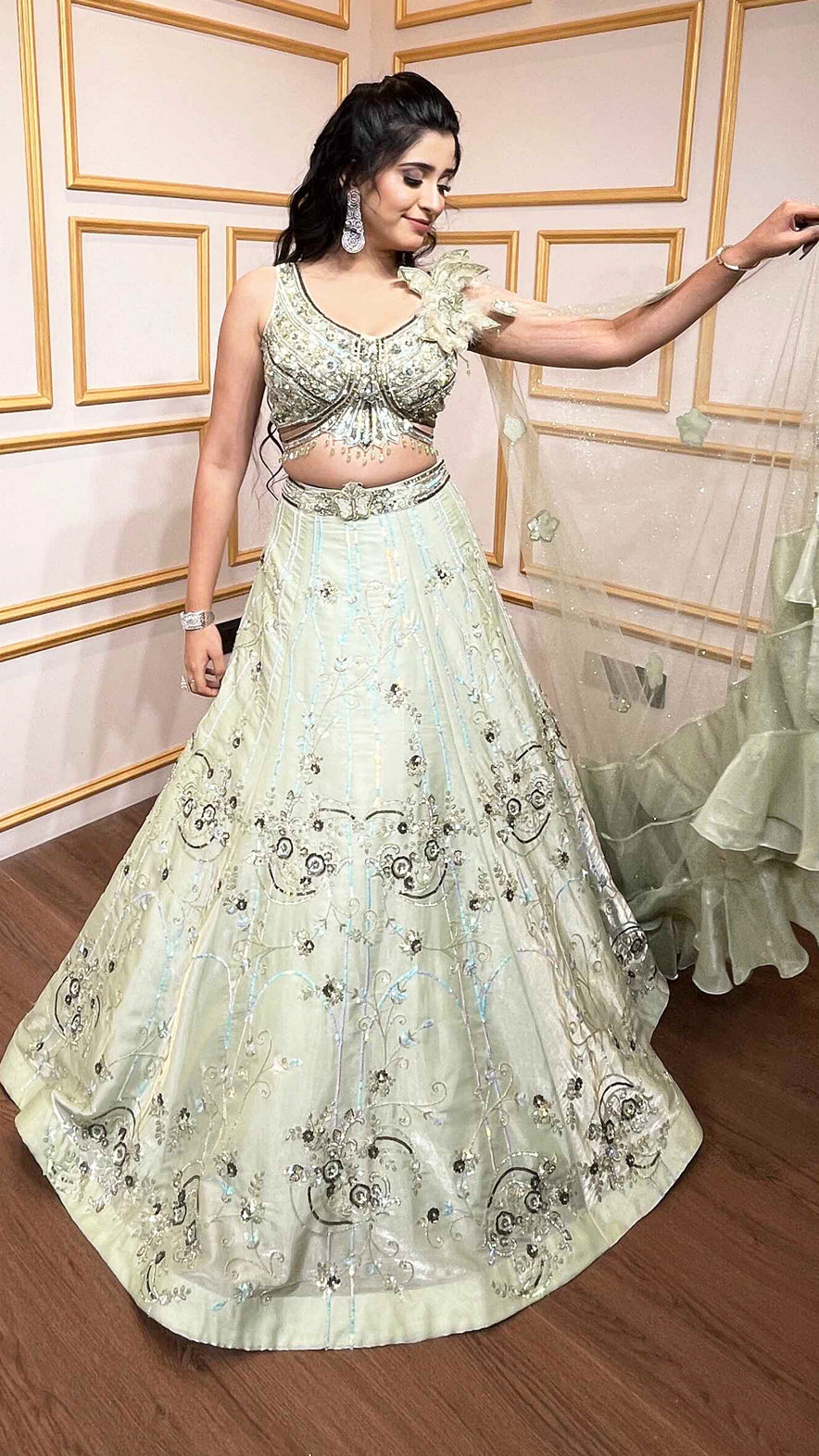 Mint green engagement lehenga with sequins & pearl work on organza