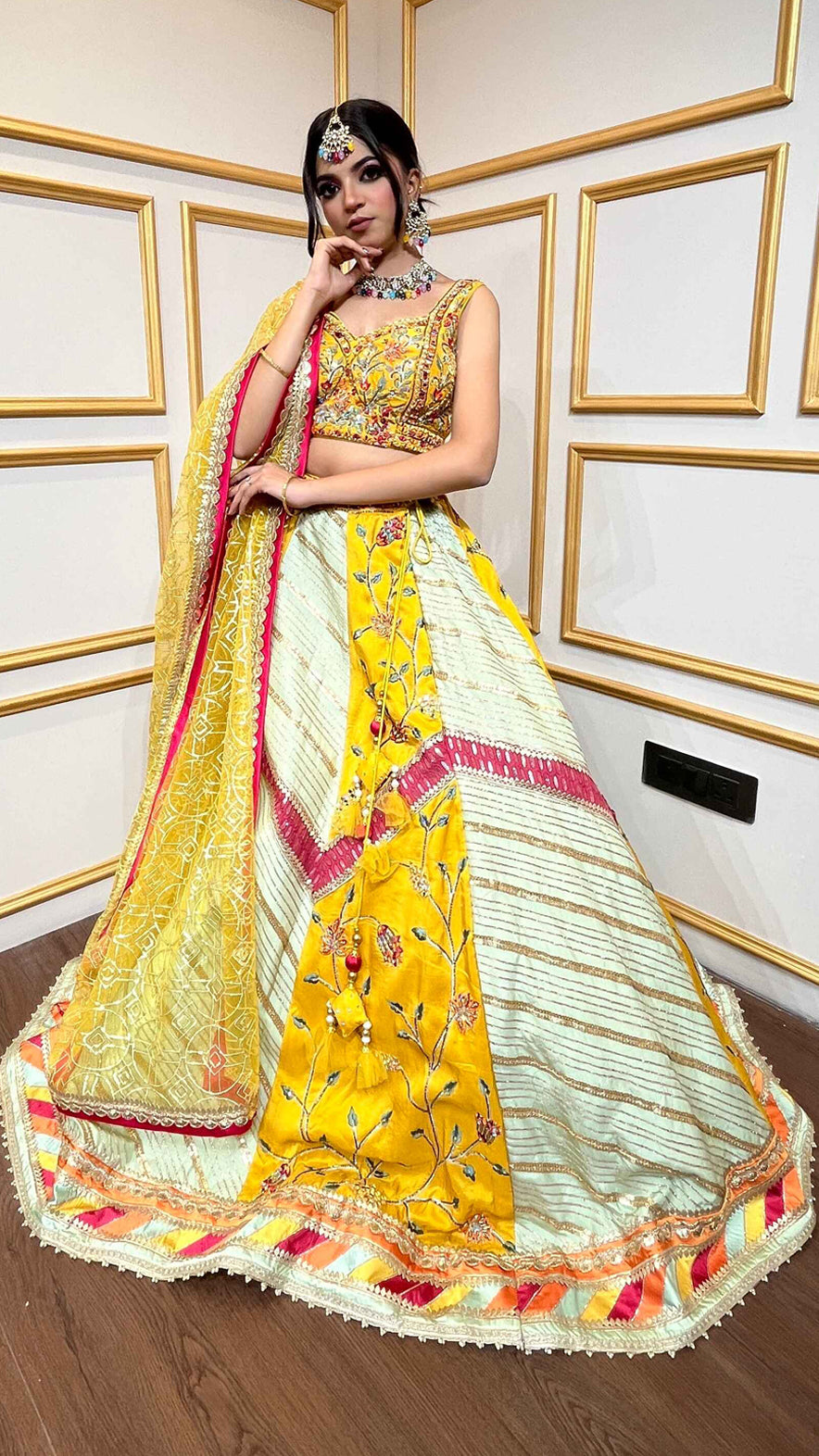 Multicolor lehenga choli with mirror & thread in silk