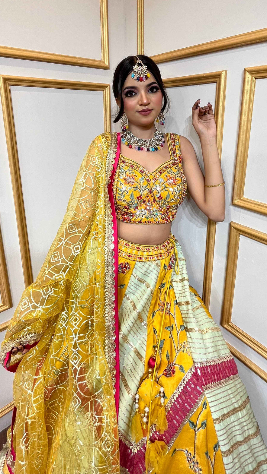 Multicolor lehenga choli with mirror & thread in silk