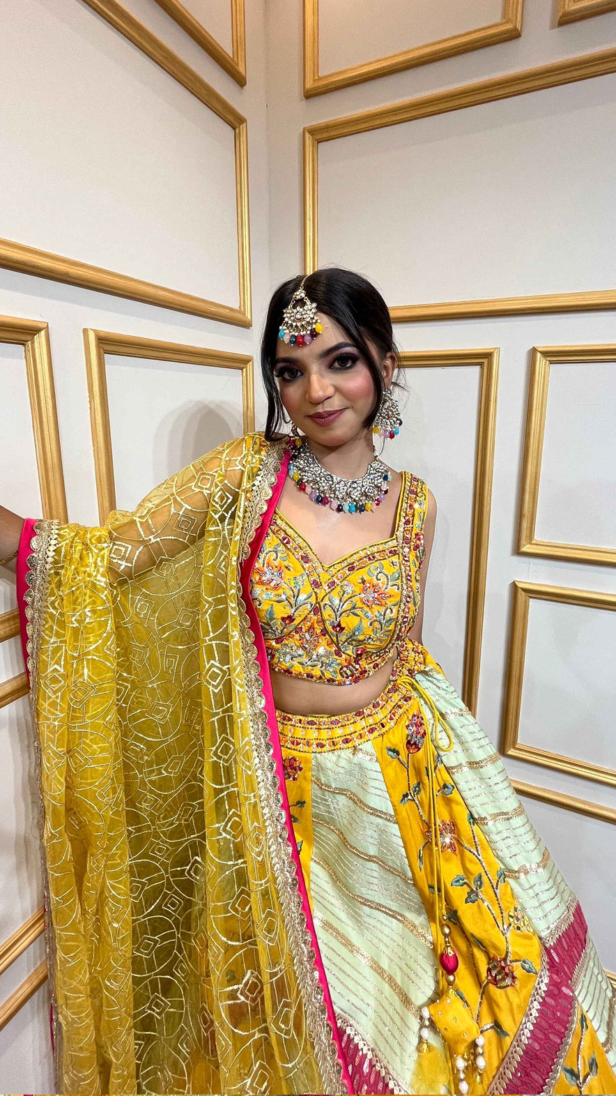 Multicolor lehenga choli with mirror & thread in silk