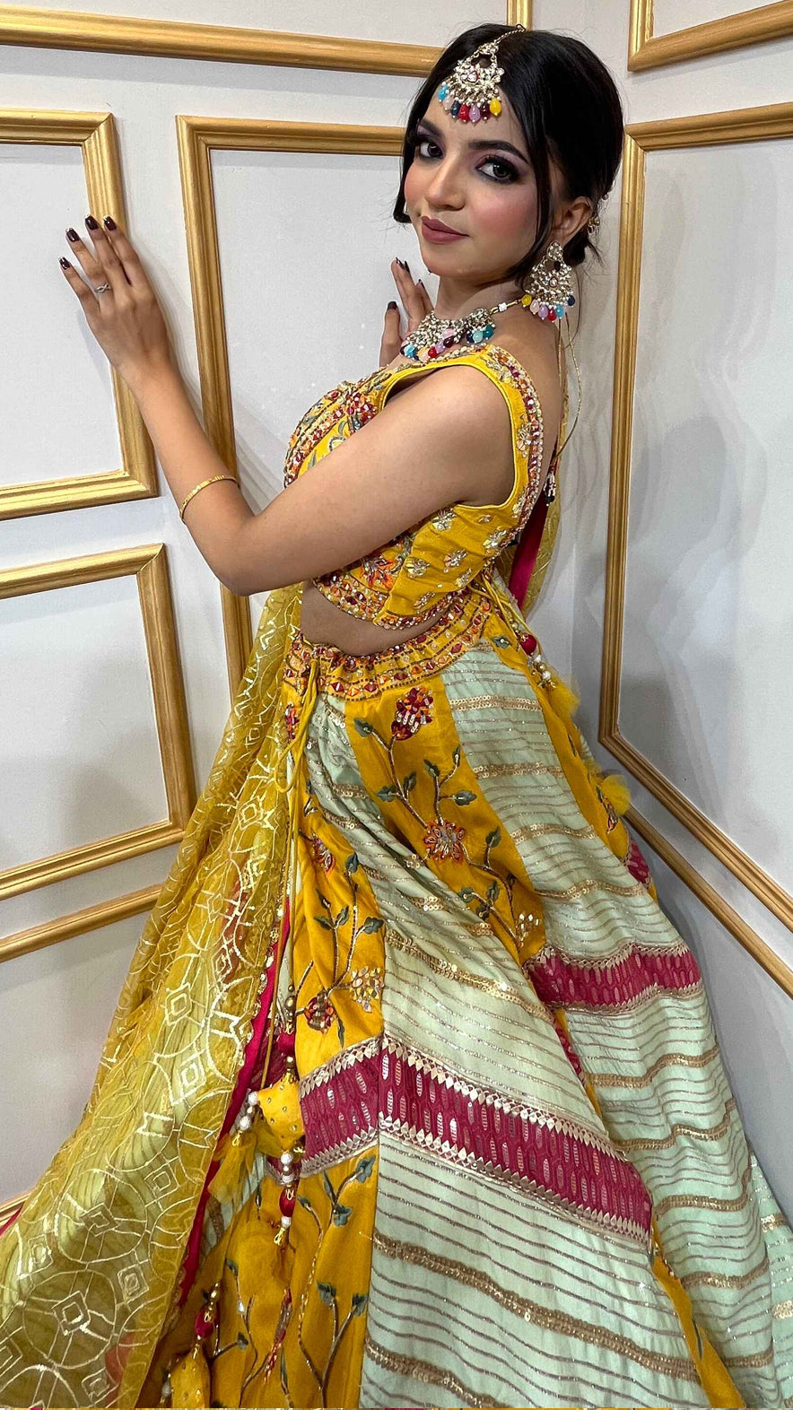Multicolor lehenga choli with mirror & thread in silk