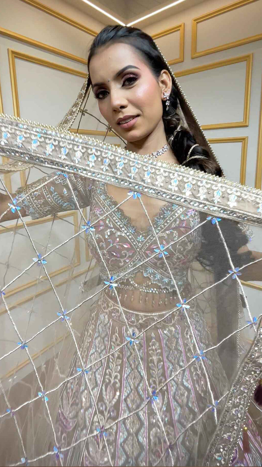 Multicolor thread & zari work on nude brown net lehenga with heavy dupatta