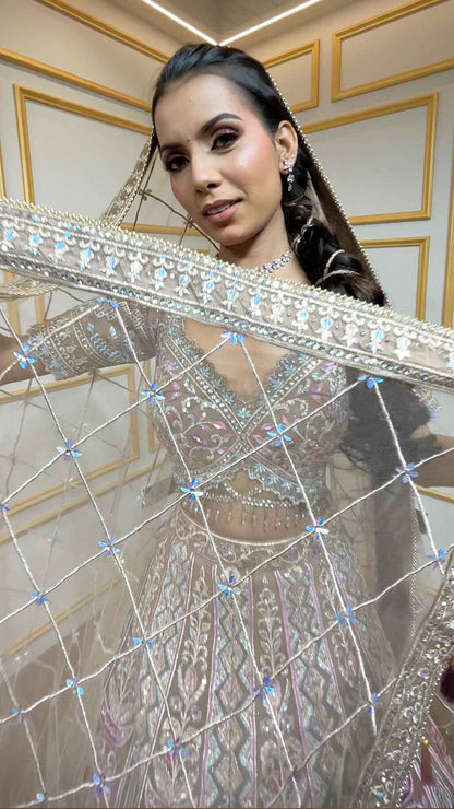 Multicolor thread & zari work on nude brown net lehenga with heavy dupatta
