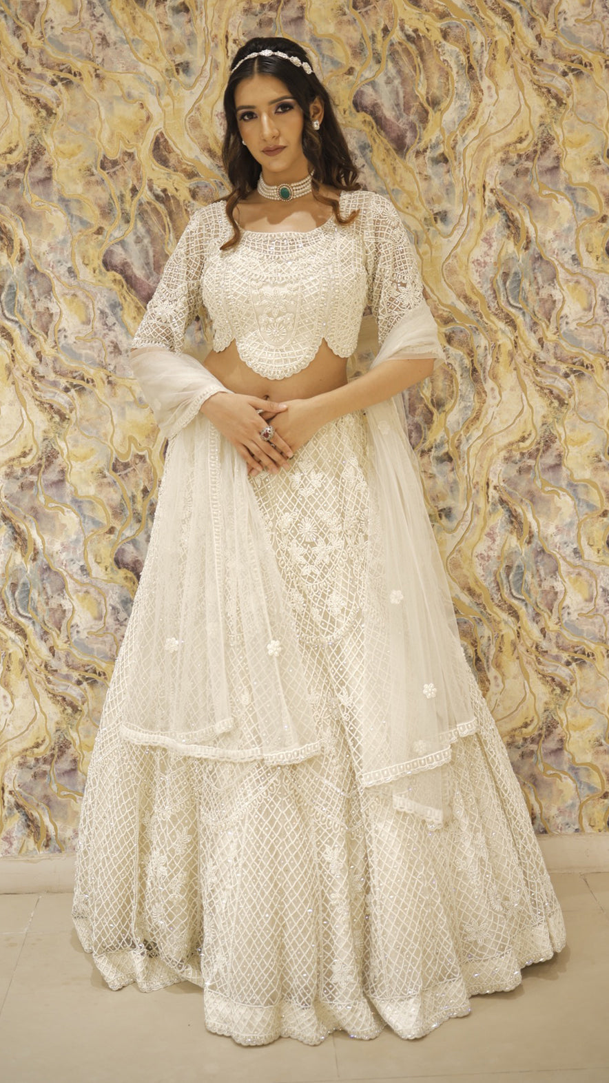 Net bridal lehenga choli in ivory with pearl & sequins