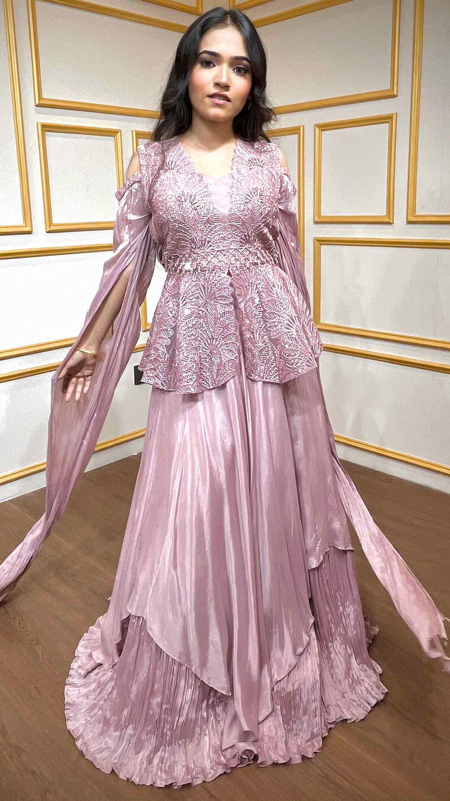 Peplum top with skirt with zari dori & sequins in  crepe pink