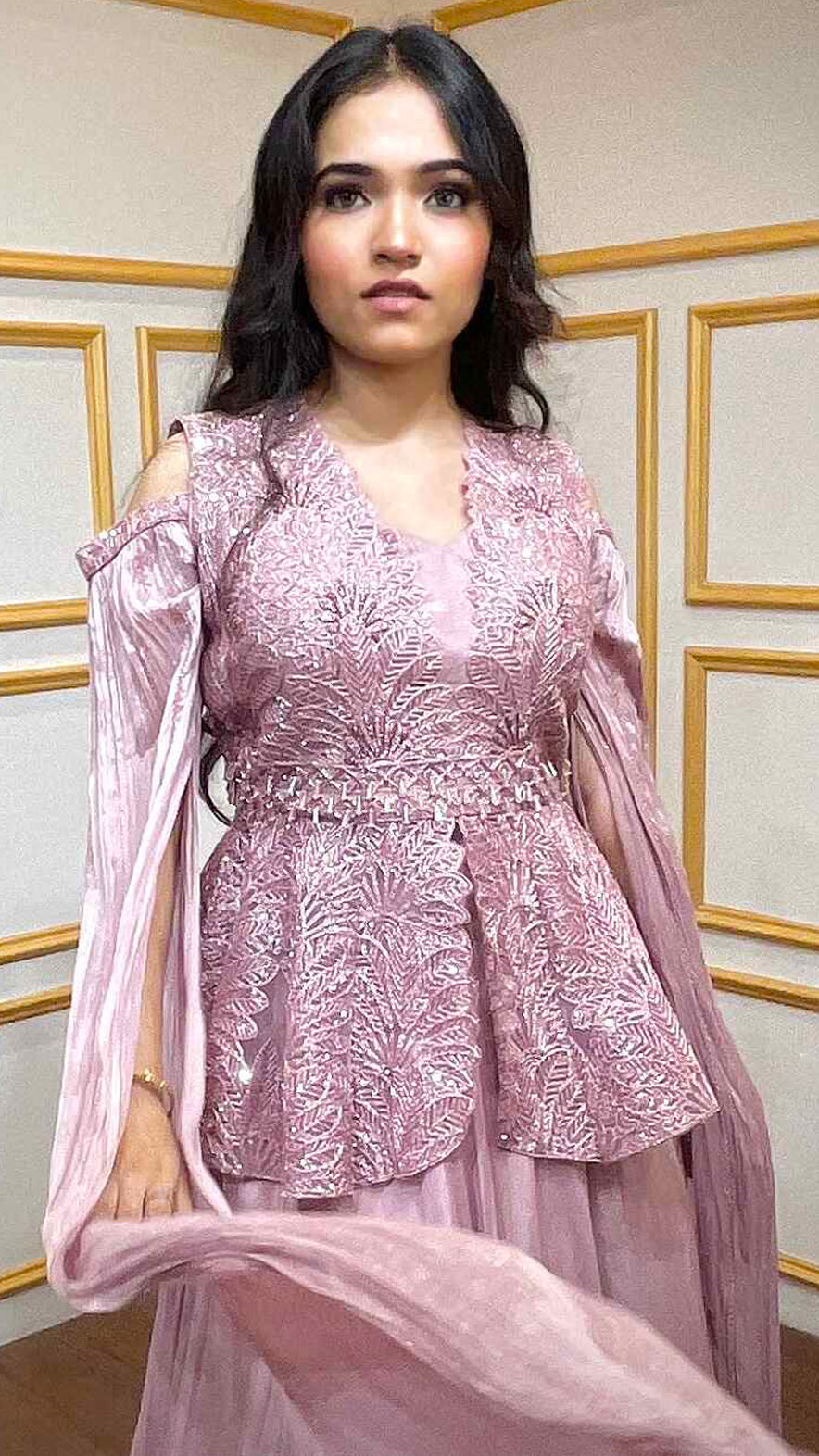 Peplum top with skirt with zari dori & sequins in  crepe pink