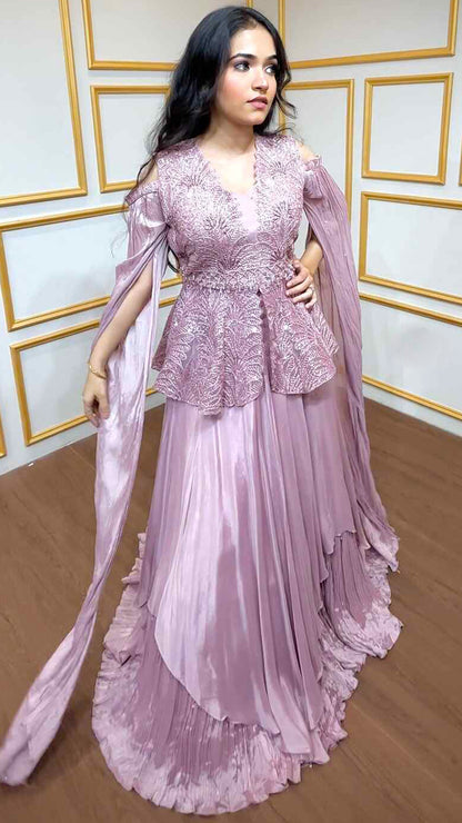 Peplum top with skirt with zari dori & sequins in  crepe pink