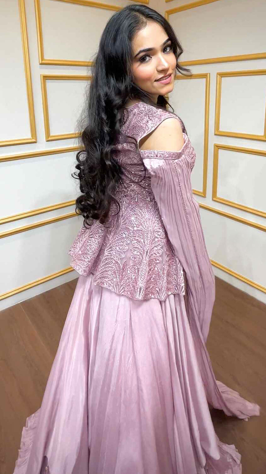 Peplum top with skirt with zari dori & sequins in  crepe pink