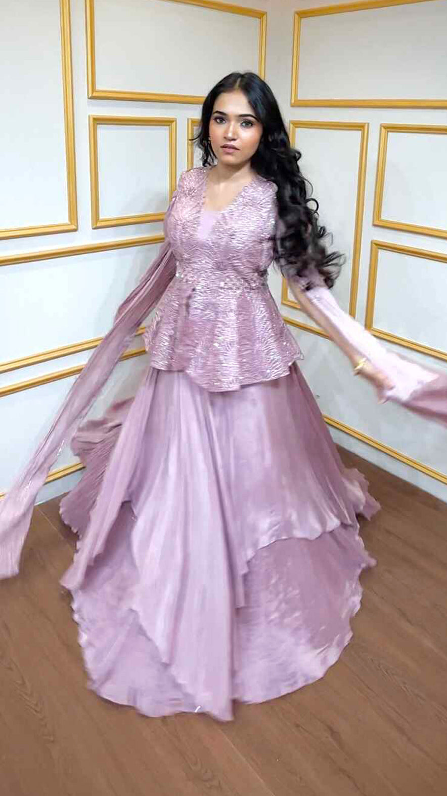 Peplum top with skirt with zari dori & sequins in  crepe pink