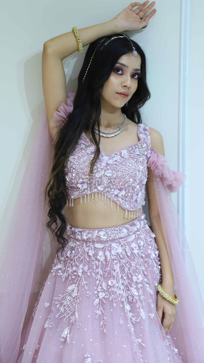 Net lehenga in blush pink with sequins & stone