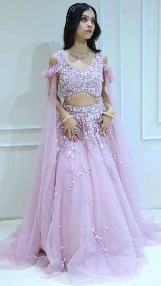 Net lehenga in blush pink with sequins & stone