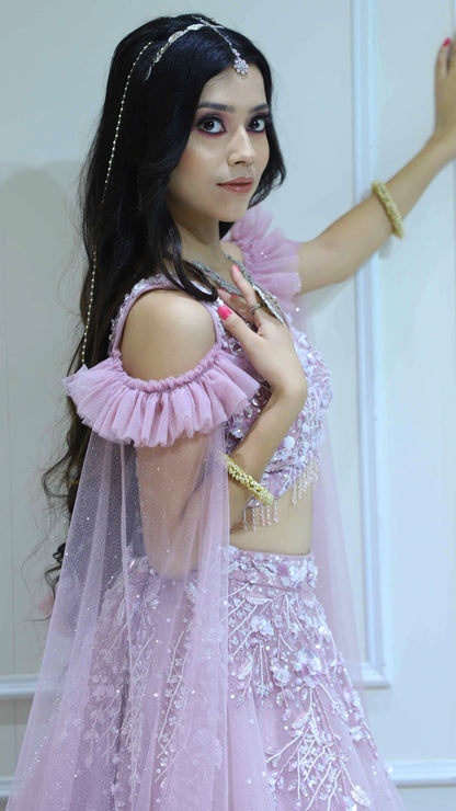 Net lehenga in blush pink with sequins & stone