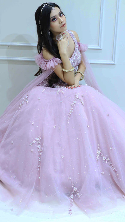 Net lehenga in blush pink with sequins & stone
