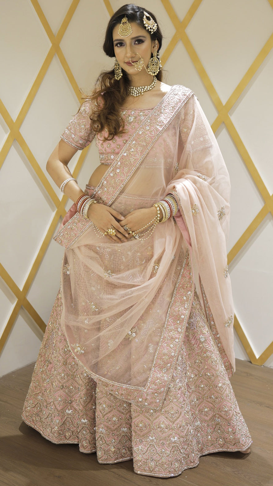 Dabka & Zardozi work on raw silk pink color bridal lehenga