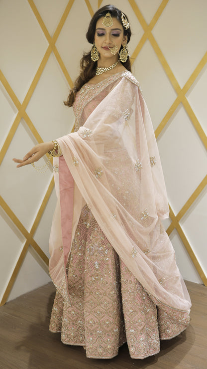 Dabka & Zardozi work on raw silk pink color bridal lehenga
