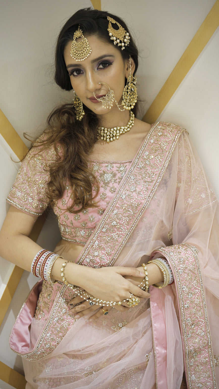 Dabka & Zardozi work on raw silk pink color bridal lehenga