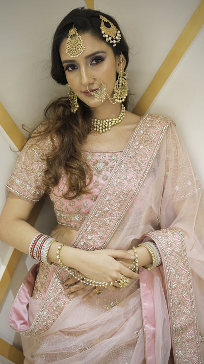 Dabka & Zardozi work on raw silk pink color bridal lehenga