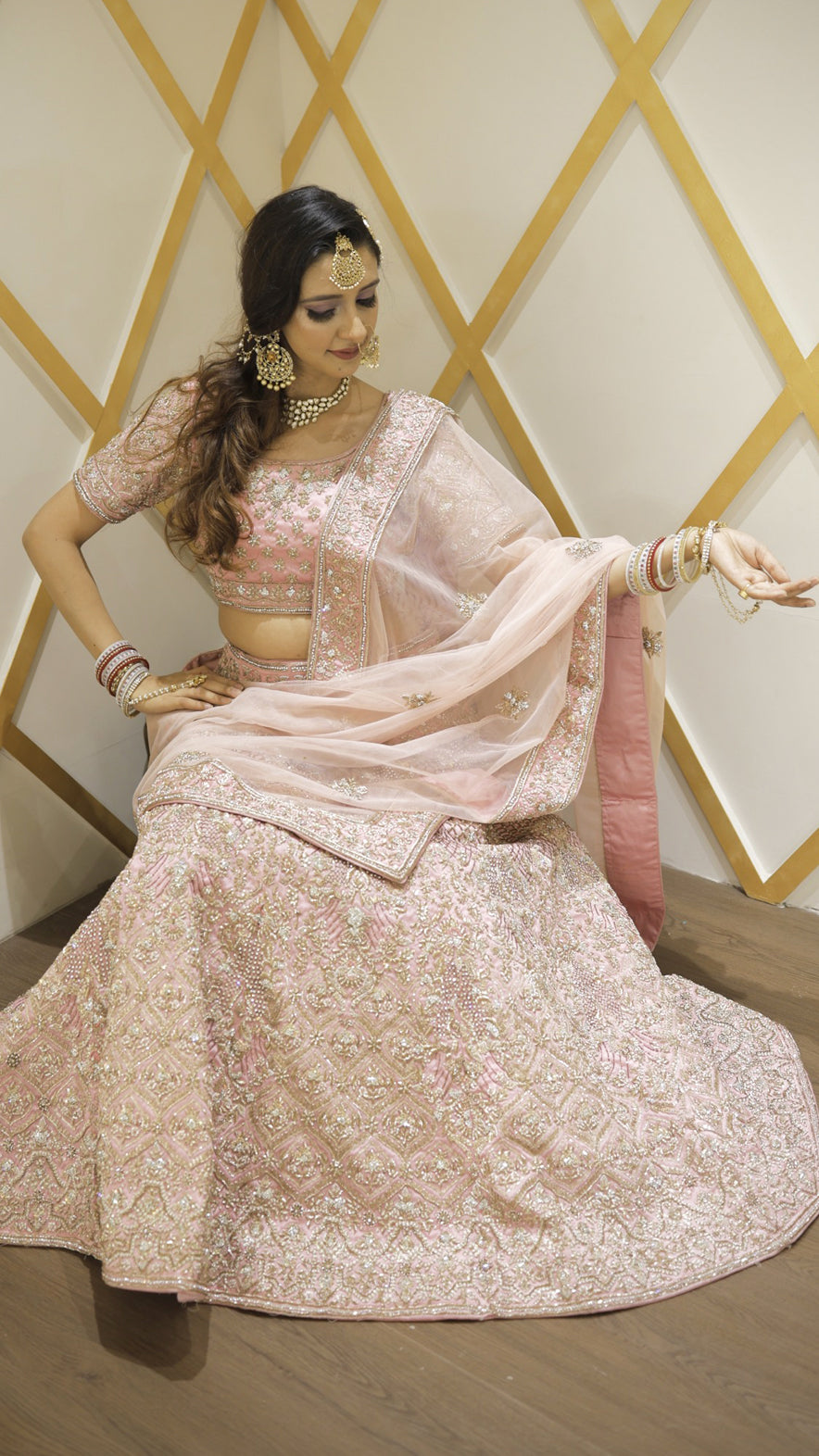 Dabka & Zardozi work on raw silk pink color bridal lehenga