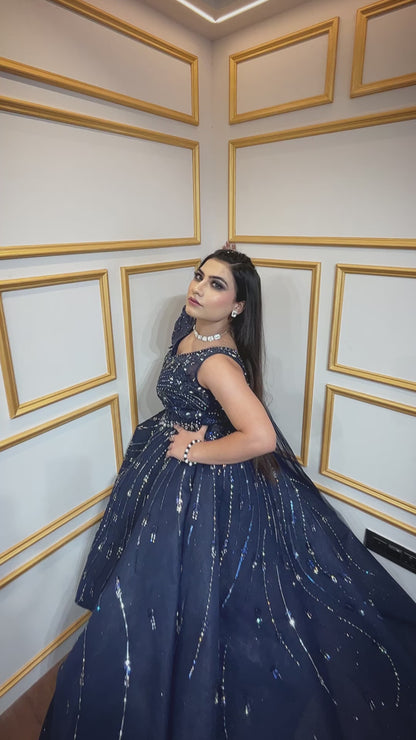 Net ball gown with cut dana & zarkan in navy blue