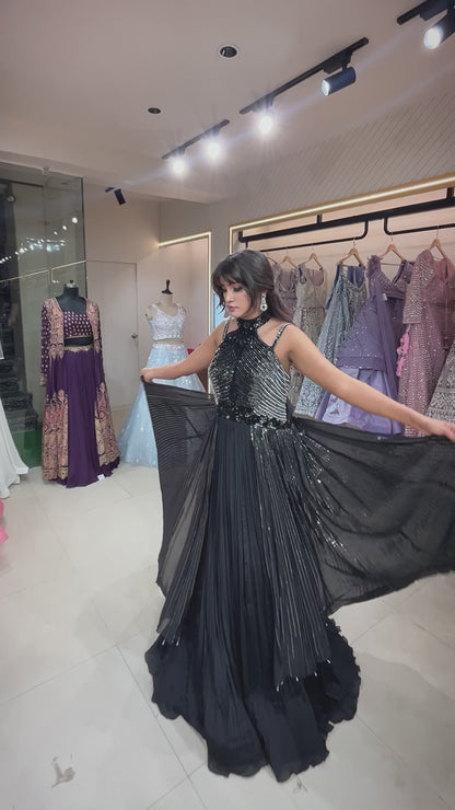 Pearl & sequins work on black chinon dress