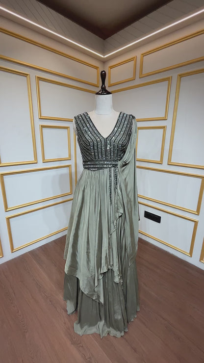 Chinon indo westerns with pearl & beads in olive green