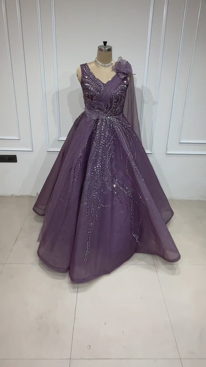 Mesh engagement gown with mirror & crystal in luxury purple