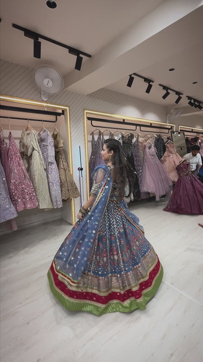 Multicolor organza lehenga with zari & resham