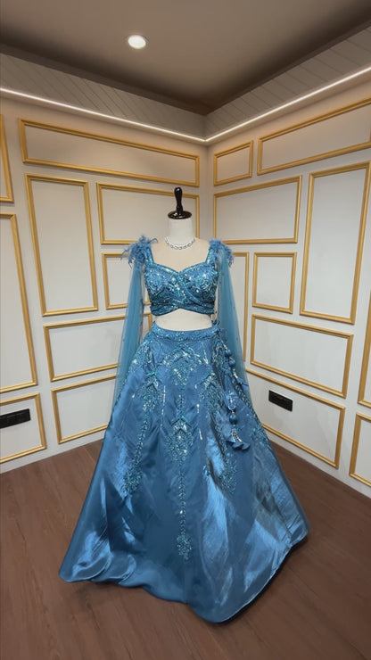 Metallic blue organza tissue lehenga choli with sequins & zarkan