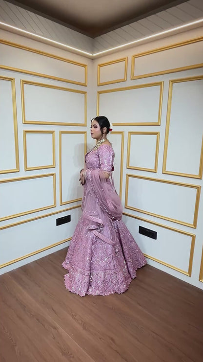 Tissue mermaid lehenga with thread & sequins work in flamingo pink