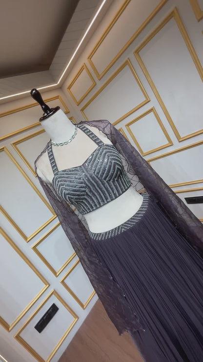 Thread & stone pasting work on deep wine georgette skirt with organza shrug