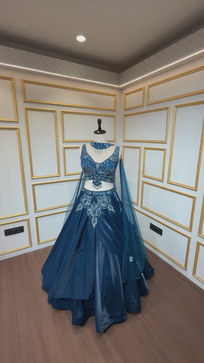 Peacock blue lehenga choli in organza with stone & mirror