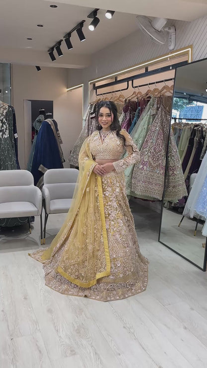 Mustard gold bridal lehenga in net with cut dana & sequins with heavy dupatta