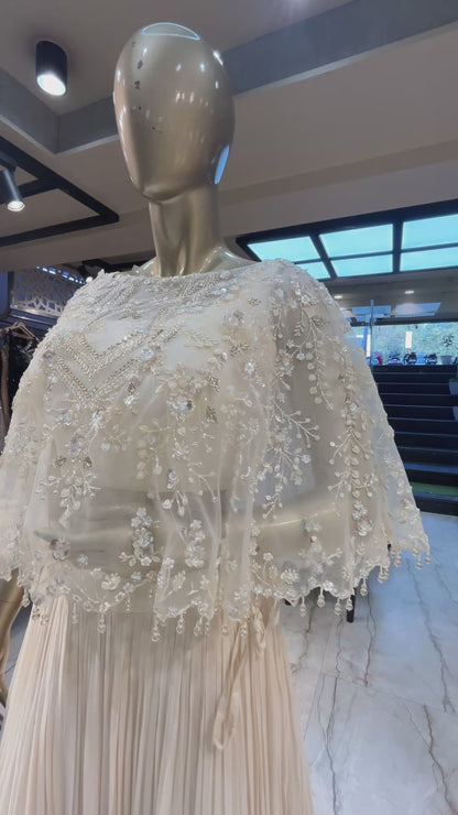 Ivory crush chinon crop top skirt with cut dana & sequins work on poncho