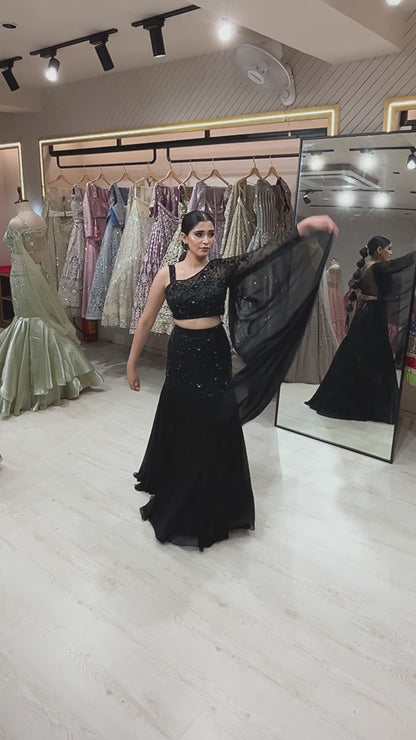 Black mermaid lehenga with sequence & cut dana in georgette