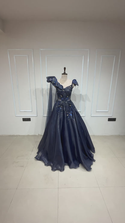 Deep blue engagement gown with cut dana & crystal in shimmer organza
