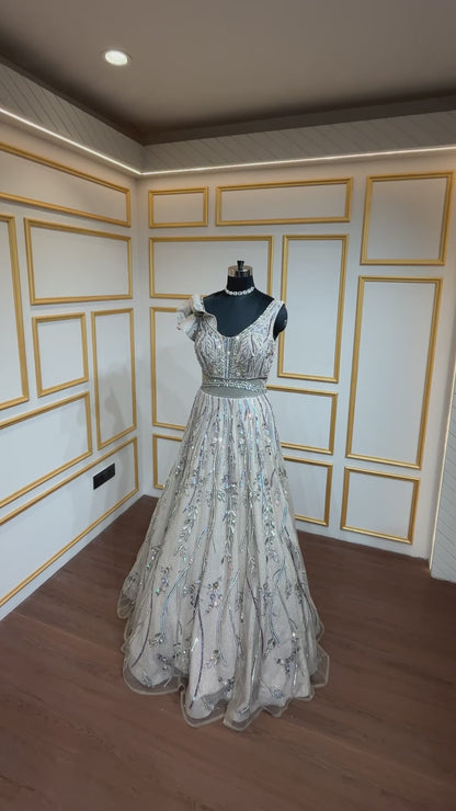 Shimmer fabric gown with sequins & pearl in champagne