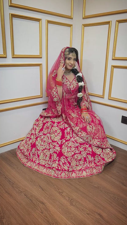 Magenta bridal lehenga on raw silk with dabka & zari work and heavy dupatta
