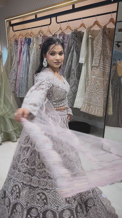 Dusty lavender lehenga in net with four side border dupatta special for bridesmaids