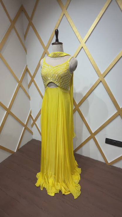 Chinon bright yellow dress with resham & pearl along with peephole detailing