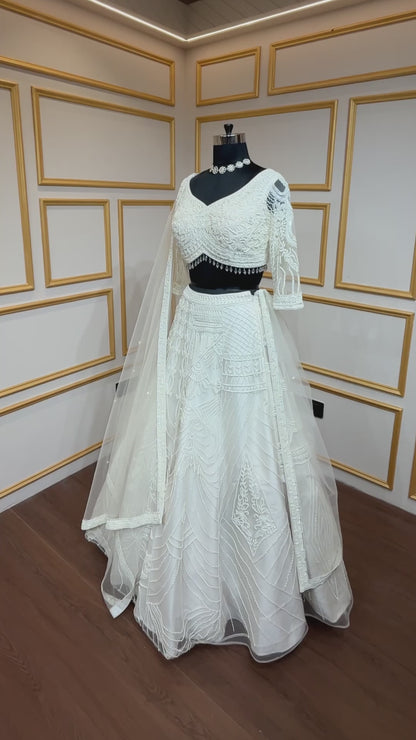 Ivory net lehenga with cut dana & sequins