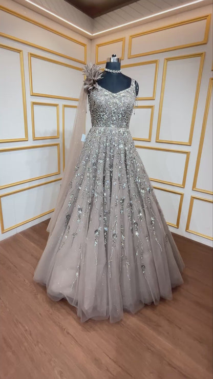 Mocha brown engagement gown with heavy crystal & sequins work all over in net