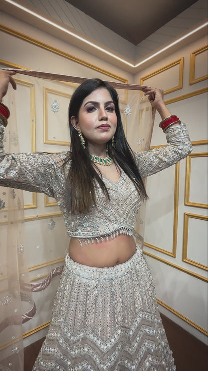Crystal & thread work on creamy beige net lehenga with embroidered dupatta