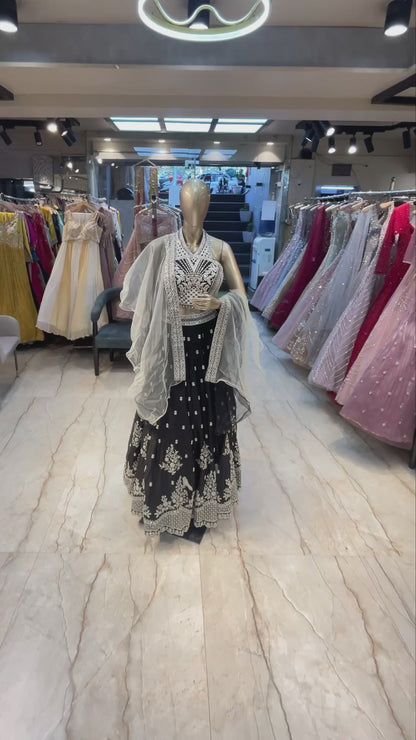 Black georgette lehenga choli with pearl & resham work