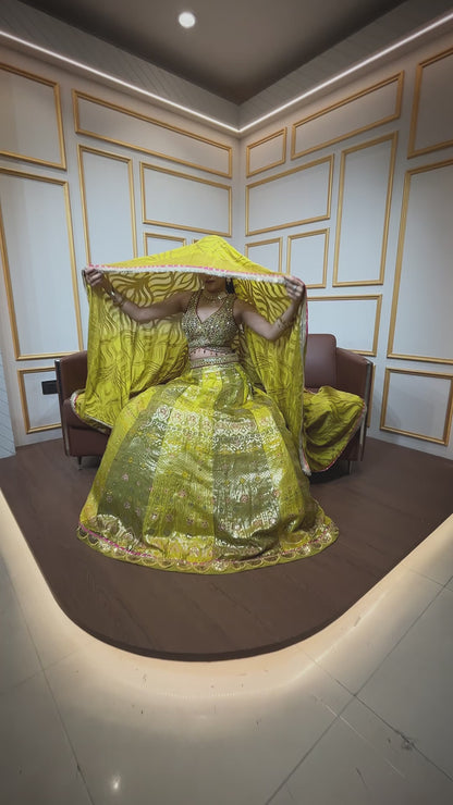 Mehendi green lehenga choli with mirror & pearl in brochet