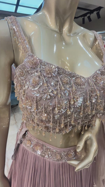 Crush Chinon lehenga with zarkan & pearl work on choli in rosy brown