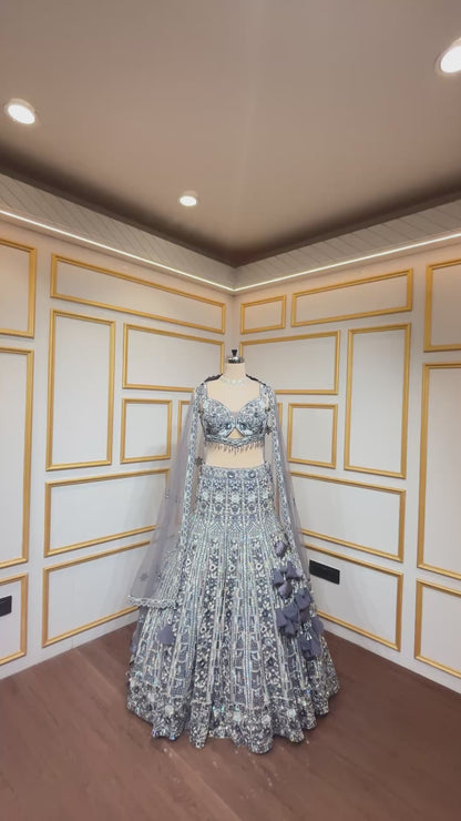 Pearl & resham work on dusty lavender lehenga with cutwork blouse and heavy dupatta