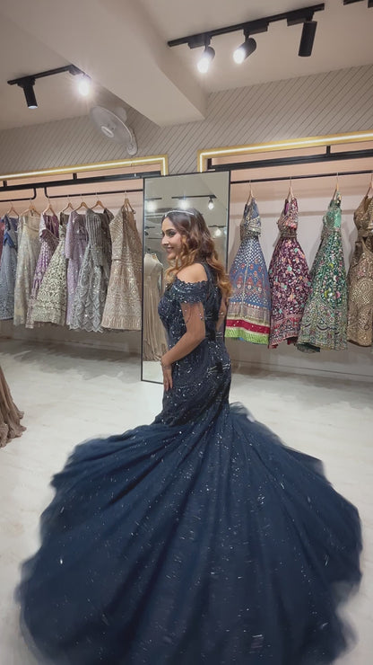 Midnight blue mermaid gown in net with pearl & cut dana